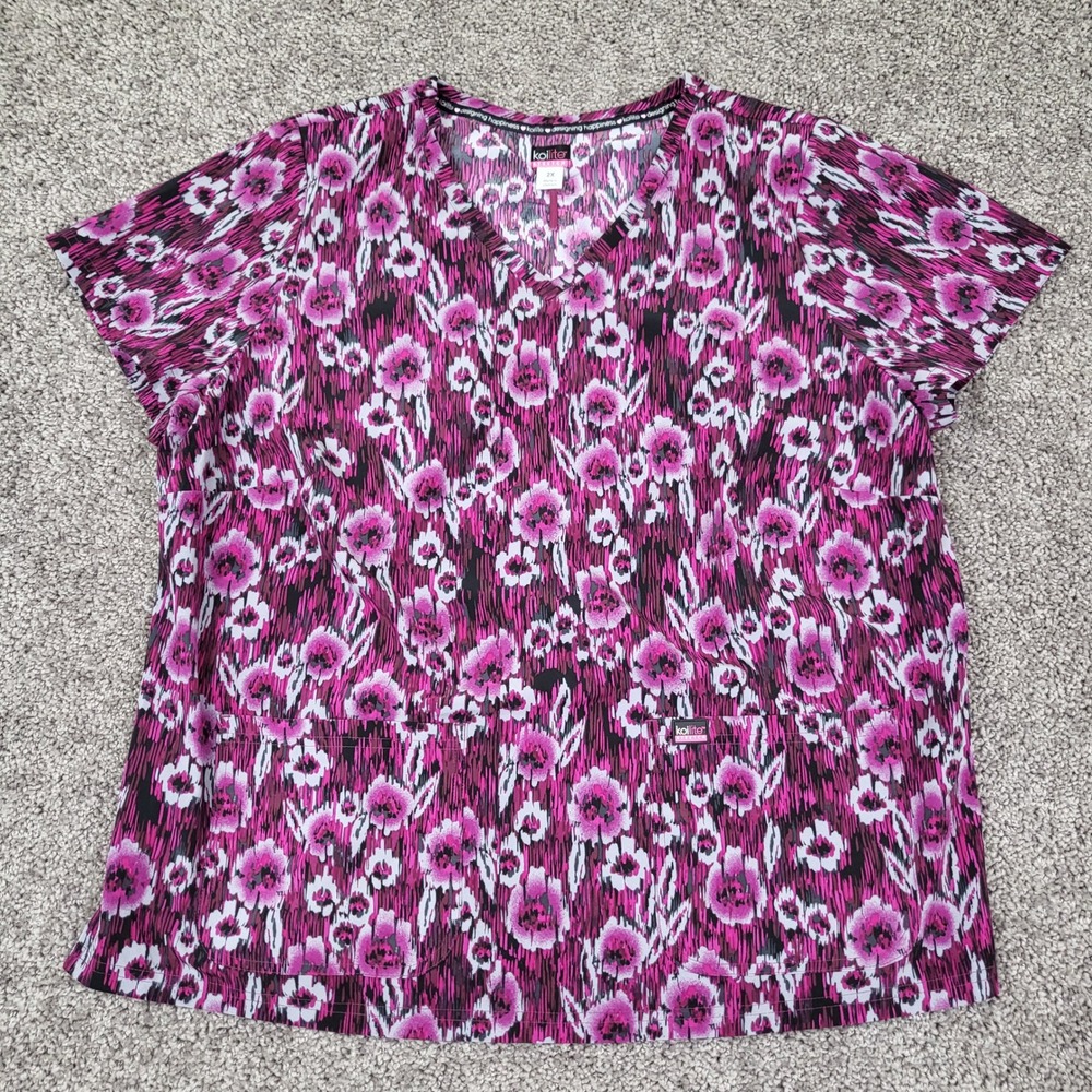 Koi Lite Scrub Top Womens 2X Pink Purple Floral Stretch 1062PR Excellent V-Neck